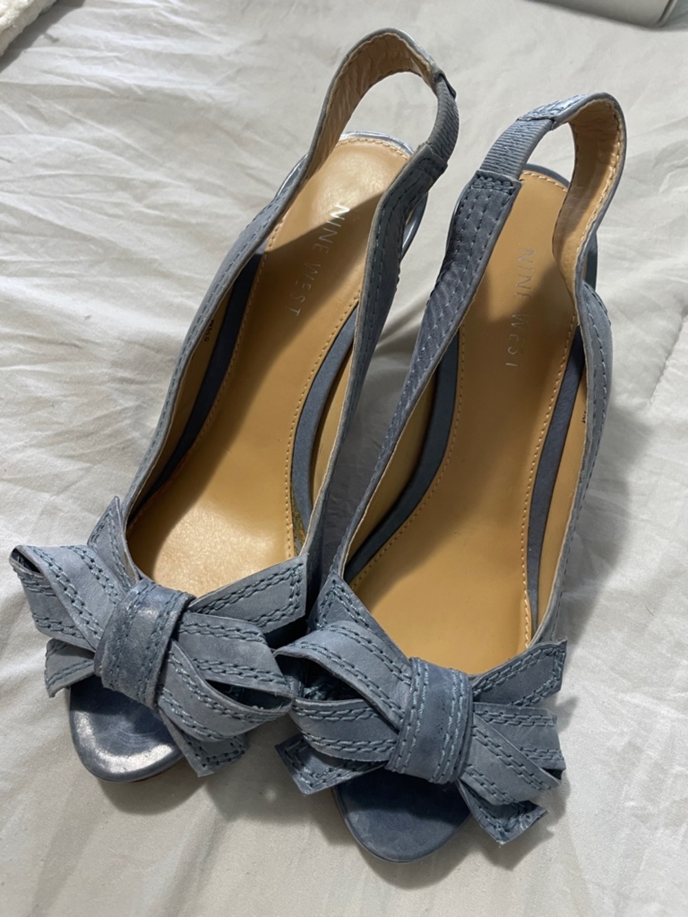 Nine West Light Blue Slingback Peep-Toe Pumps with Bow Detail